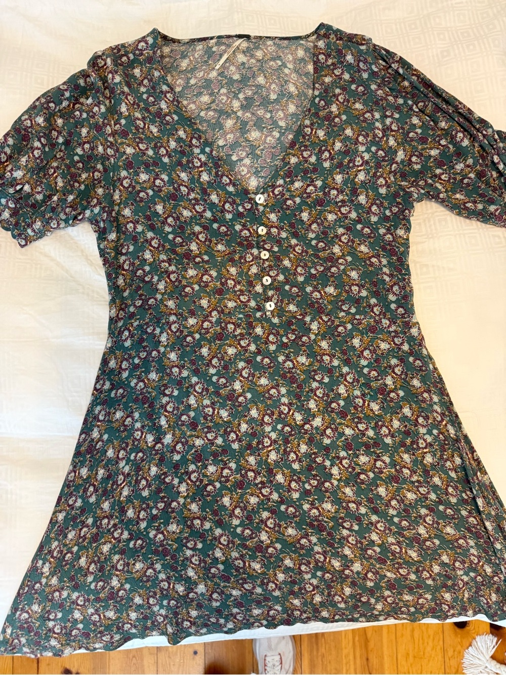 Free People Floral Blue Green Button Front Dress - Medium